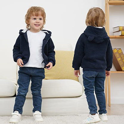 Newborn Infant Baby Boys Girls Cartoon Fleece Hooded Jacket Coat with Ears Warm Todder Kids Outwear Coat Zipper Up 0-6Y - color: Navy Blue, size: 9-12 Months