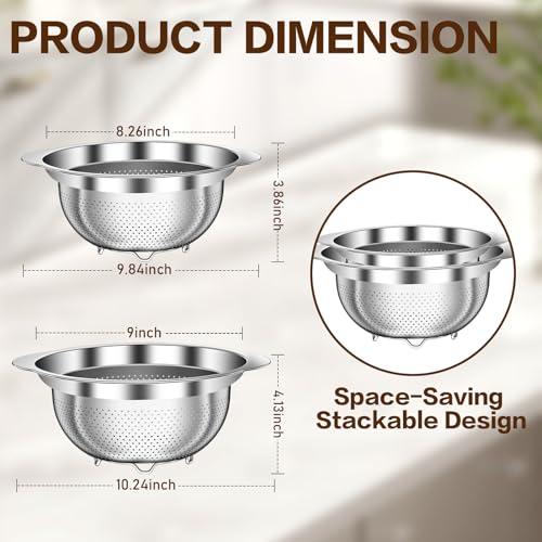 Stainless Steel Strainers for Kitchen, Stainless Steel Colander, Kitchen Strainer for Pasta Fruit Veggie Hot Food, 2 Pack Strainers and Colanders(2QT & 3QT), Dishwasher Safe, Silver - size: 2+3QT