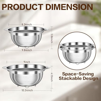 Stainless Steel Strainers for Kitchen, Stainless Steel Colander, Kitchen Strainer for Pasta Fruit Veggie Hot Food, 2 Pack Strainers and Colanders(2QT & 3QT), Dishwasher Safe, Silver - size: 2+3QT