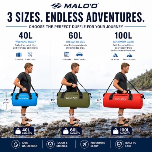 Malo’o Waterproof Dry Duffel, Heavy-Duty Roll Top Waterproof Gear Bag with Shoulder Strap & Molle Loops, Marine Duffel for Kayaking, Boating, Camping, Beach & Travel, Black, 100L - color: Black, size: 100L