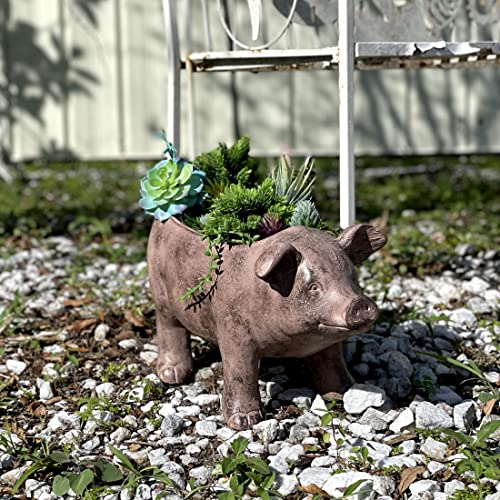 Zeckos Pig Planter 17 Inch Rustic Brown Smiling Garden Pot | Magnesium Oxide, Weather-Resistant, 8 by 5 by 5 Inch Interior for Succulents, Herbs, Or Grasses - color: Pig - Brown