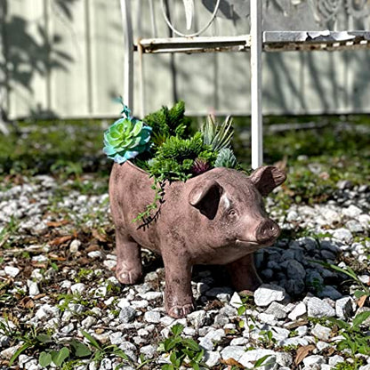 Zeckos Pig Planter 17 Inch Rustic Brown Smiling Garden Pot | Magnesium Oxide, Weather-Resistant, 8 by 5 by 5 Inch Interior for Succulents, Herbs, Or Grasses - color: Pig - Brown