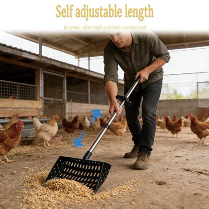 XCL Chicken Poop Scooper, Chicken Coop Scoop & Rake 2-in-1, Chicken Coop Rake with Ergonomic Grip, Sifting Shovel for Poop and Bedding Shavings, for Livestock Farming Such as Chicken Duck (Black) - color: Black