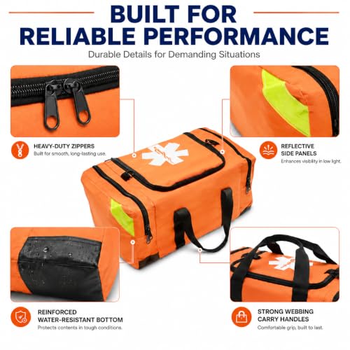 NOVAMEDIC NM-4124 Empty Trauma First Aid Medical Bag, 21"x15"x5", Multi Compartment First Responder Carrier for EMT, Paramedics, Emergency and Medical Supplies Kit, Lightweight and Durable (Orange) - color: Orange