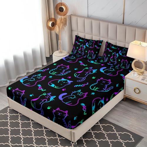 3D Neon Cat Sheets Full Size Bed Set,1 Fitted Sheet+2 Pillowcases. - color: Black, size: Full