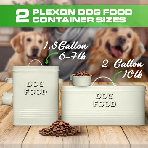 Plexon Metal Dog Food Storage Container with Scoop - Small Dog Food Container 10lbs Holder Treat Jar Bin with Lid - Pet Chow Storage Canister Tin, 2 Gallon, Off-White - color: Off-white, 2 Gall Capacity