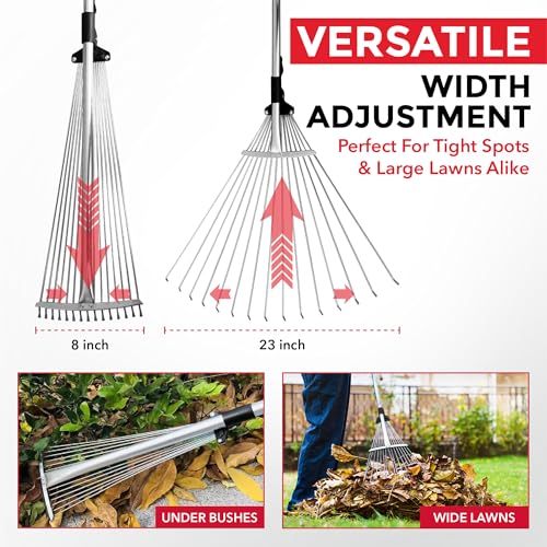 TABOR TOOLS J16A Adjustable Metal Leaf Rake with Expandable Head 8-23", Collapsible & Telescopic Grass Rake for Lawns, Garden & Yard, Ideal for Leaves, Shrubs & Small Areas