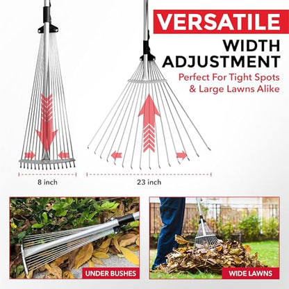 TABOR TOOLS J16A Adjustable Metal Leaf Rake with Expandable Head 8-23", Collapsible & Telescopic Grass Rake for Lawns, Garden & Yard, Ideal for Leaves, Shrubs & Small Areas