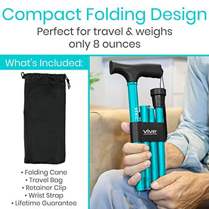Vive Folding Cane - Foldable Walking for Men, Women Fold-up & Collapsible - color: Teal