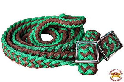 HILASON Braided Poly Barrel Horse Racing Reins Flat Grip Knots 1" X 8Ft | Rein Gifts - color: Dark Green-Tan