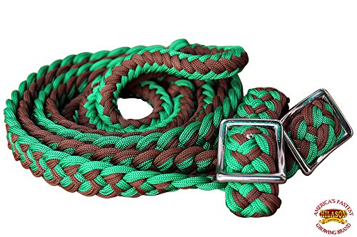 HILASON Braided Poly Barrel Horse Racing Reins Flat Grip Knots 1" X 8Ft | Rein Gifts - color: Dark Green-Tan