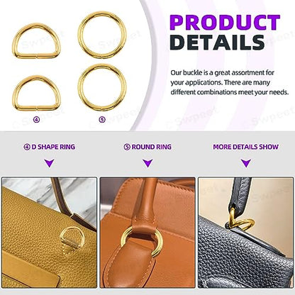 Swpeet 5 Style Metal Buckles - Adjustable Slide, D Ring, Circular Ring - color: Gold, size: 3/4 Inch