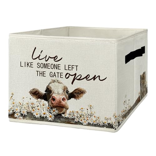 Rustic Cow Storage Bins & Boxes with Handles, Farmhouse Cow Foldable Basket for Organizing, Live Like Someone Left the Gate Open Collapsible Storage Basket for Bedroom Bathroom Clothes Toys - color: Cow