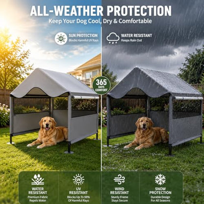 Extra Large Dog Shade Shelter Canopy with UV Protection, Big Dog House Outside, Outdoor Dog Tent with Three-Sided Breathable Mesh Windows, Gray Sun Rain Cover for Pet Sheep Goat 4'x 4'x 3.3'