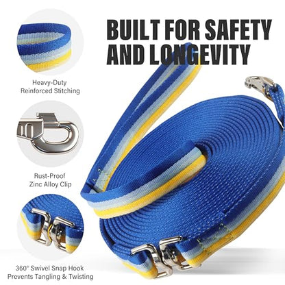 26FT Horse & Dog Training Leash - Lunge Line with 360° Swivel Snaps - color: Yellow/Light Blue/Royal Blue