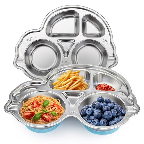 Stainles Steel Baby Suction Plate, Car Divided Toddler Plate Blue - color: Blue