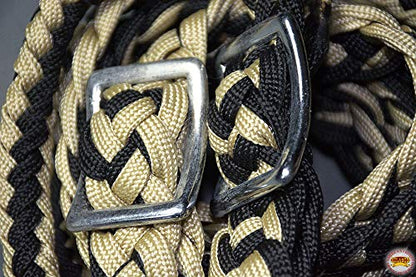 HILASON 1" X 8Ft Braided Poly Barrel Reins Horse Racing Flat Grip Knots - color: Black Tan