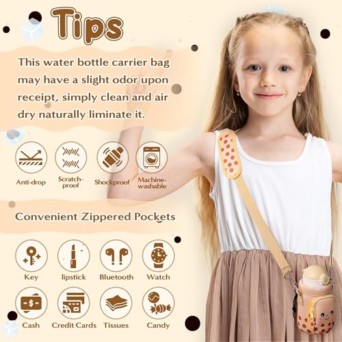 Water Bottle Carrier Bag with Strap for Kids - Water Bottle Bag Holder with Padded Strap Pocket 10/12/14/16/18Oz for Boys Girls School Walking Hiking Camping - style: Bubble Tea