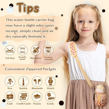 Water Bottle Carrier Bag with Strap for Kids - Water Bottle Bag Holder with Padded Strap Pocket 10/12/14/16/18Oz for Boys Girls School Walking Hiking Camping - style: Bubble Tea