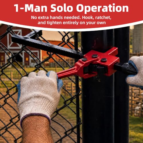 Chain Link Fence Stretcher Tool, Ratcheting Wire Tightener & Puller | Easy solo repair for sagging fences in farm, ranch, and yard projects
