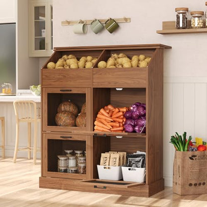 COSIEST Oversized Potato Storage Bin, 47'' High Wooden Bread Box with Adjustable Door Hinge, Farmhouse Potato and Onion Storage Bin with 4 Mesh Doors, Kitchen Fruit and Vegetable Storage Cabinet