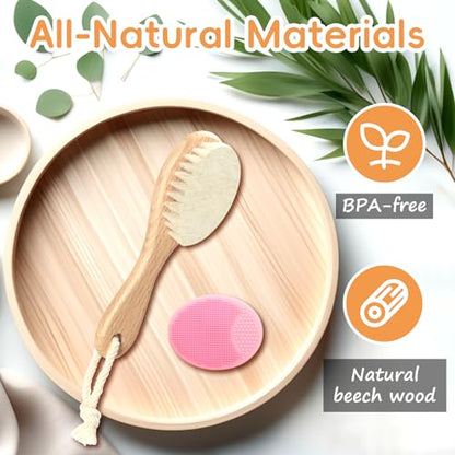 Baby Hair Brush, Wooden Goat Bristles Hair Brush with Silicone Hair Scrubber Cradle Cap Brush for Newborn, Toddler, Boys, Girls Perfect Scalp Grooming Product (Pink)