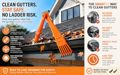 EZ Smart Mini Gutter Rake - 5 ft Pole - Clean Gutters Without a Ladder | Clears Stuck Leaves • Reaches Tough Spots • No Ladder Needed - size: Tool + 5 Foot Pole