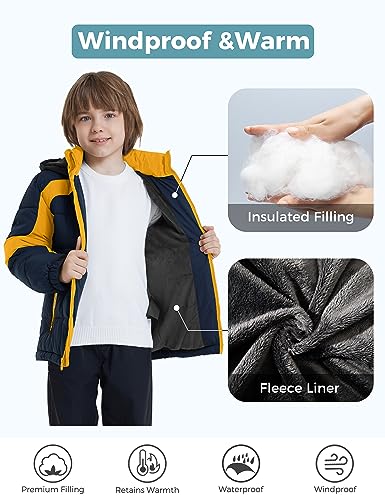 ZSHOW Boys' Puffer Jacket Soft Fleece Lined Winter Coat Outerwear Jacket - color: Navy & Yellow, size: 14-16