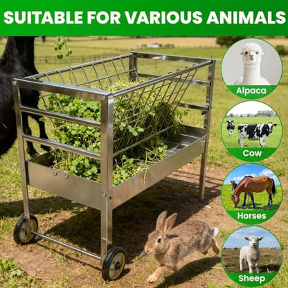 2 in 1 Hay and Grain Feeder on Wheels, Hay Rack with Grain Bin, Galvanized Steel Small Livestock Feeder, Clean Setup for Goats Sheep, Easy Rolling
