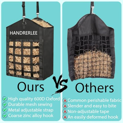 Hay Bags for Horses, 2PCS Slow Feed Hay Bags for Goats, Sheep, Donkey, Two-Sided Premium Oxford Hay Feed Bags and High Strength Metal Clasp, Easy to Hang with Adjustable Strap(Black, Large 2 Pack) - size: 2PCS