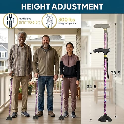 Walking Cane with LED Light, Foldable,Adjustable, Self Standing Walking Canes for Men & Women,Walking Sticks with Quad Base for Seniors & Adults - color: Purple flowers