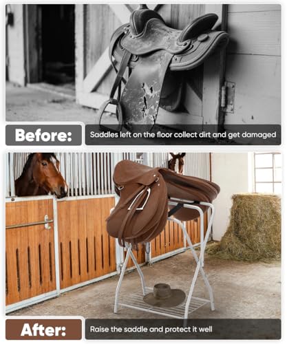 Queension Foldable Saddle Rack with Bottom Storage for Horse Stable, White - style: Standing-White