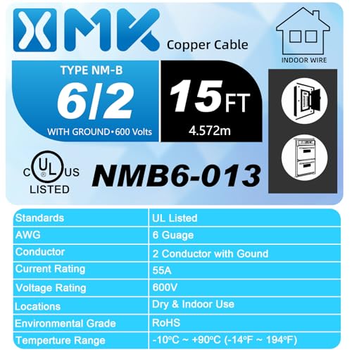 XMK NM-B 6/2 Wire with Ground,15FT 6 AWG Copper Wire,6 Gauge 2 Conductor - size: 15ft, style: 6 AWG-2 Conductor w/ Ground