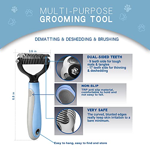 GOESWELL Double-Sided Undercoat Rake for Pet Grooming - Shedding and Dematting Comb with Grooming Glove (Blue 2 Pack) - color: Blue(2 Pack)