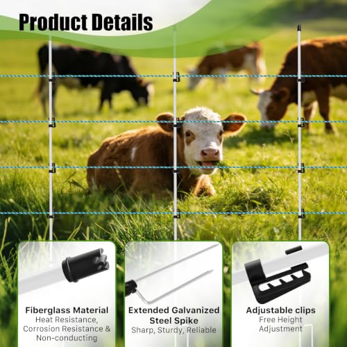 78 Inch / 6.5 Ft Fiberglass Electric Fence Posts, 32 Pack with Double Spikes & 160 Clips - Heavy Duty Farm Garden Livestock Fencing | Holds Wire/Tape/Rope - color: White, size: 78" 32 Posts-160 Clips