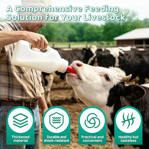 2 Pack Calf Bottle with Screw Nipple 2Quart Calf Milk Feeder Bottles& 4 Replacement Rubber Nipples & Cap,Calf Feeding Device with Hand Grip Handle Kid Livestock Nursing Feeding Bottles
