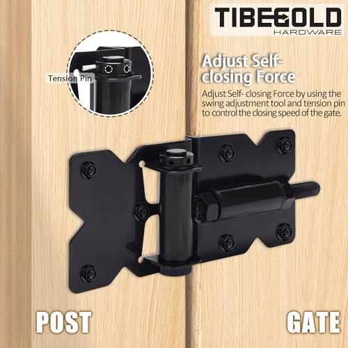 Self Closing Gate Hinges, Heavy Duty Hardware for Outdoor Vinyl/Woodn Fence Gates, 90 Degree Adjustable Gate Hinges Kit, Black Self Closing Hardware with Screw Kits and Swing Adjuster Tool, 4 Pack