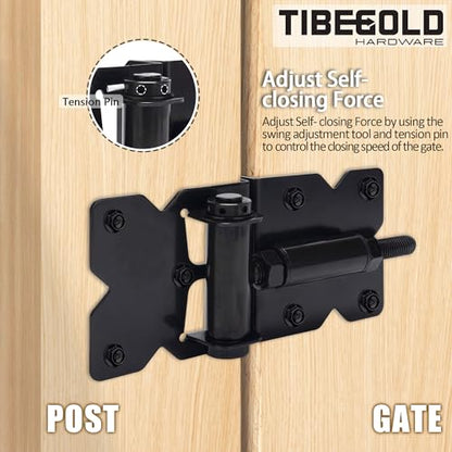 Self Closing Gate Hinges, Heavy Duty Hardware for Outdoor Vinyl/Woodn Fence Gates, 90 Degree Adjustable Gate Hinges Kit, Black Self Closing Hardware with Screw Kits and Swing Adjuster Tool, 4 Pack