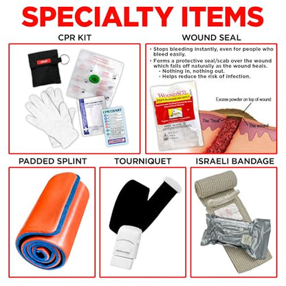 Rapid Care Premium Trauma First Aid Kit for Outdoors, Workplace, and Home - Exceed OSHA Guidelines and ANSI 2009 Standards - 240 Pieces - Includes Bonus Travel Kit