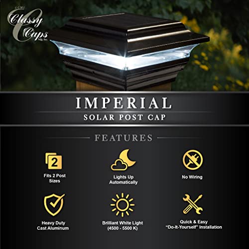 Classy Caps 4x4 Imperial Solar Post Cap - Fits 3.5"x3.5" and 4"x4" Deck & Fence Posts - Black Cast Aluminum - Warm and Cool Light Modes