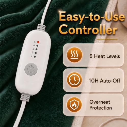 Heated Blanket Electric Blanket Queen Size 84''x90'' with 5 Heating Levels, 10 Hour Auto Shut Off, Machine Washable, Dual Controller Soft Warming Blanket for Couch, Bed, Office - Grass Green - color: 04-grass Green, size: 84''x90''(Queen)