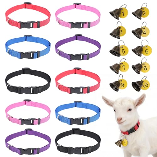 Rosvola Goat Collars, Adjustable Nylon Grazing Collars, Pet Anti-Lost Loud Bronze Bell with Numbered Cards for Farm Goats Sheep Cows Animals (5PCS)