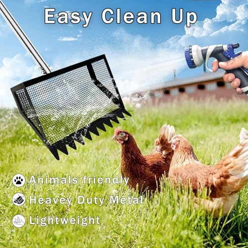 12"Chicken Poop Scooper Rake 2in1 with Adjustable Handle,Chicken Poop Scoop | Chicken Coop Scoop for Sand,Wide 10”Poop Shovel Cleaning Tools, Heavy Duty Sifting Shovel,Chicken Coop Accessories,Black Max