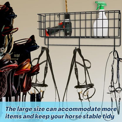 Tandefio 2 Pcs Basket & Tack Rack for Horse Hanging Bridle Rack with Basket Hanging Wire Basket with Tack Hook Hangers Wall Mounted Multi Use Stable Organizer Key Organizer Rack for Stable Saddle