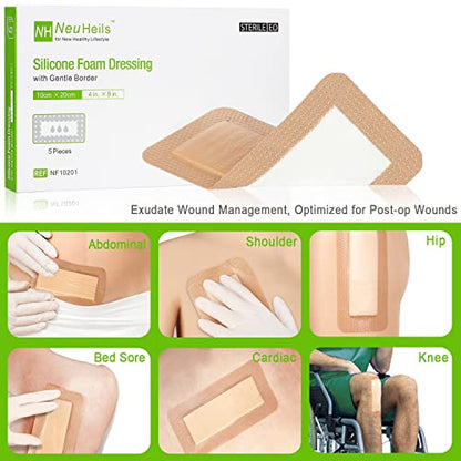 NeuHeils Silicone Foam Dressing with Border 4''x8'' 5 Pks - size: 4''x8'' (Pack of 5)