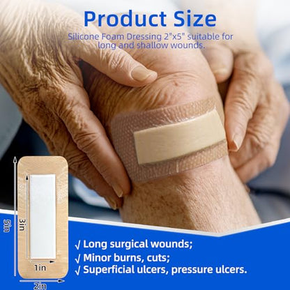 Niceful Ultra Soft Silicone Foam Dressing 2"x5" 10 Pcs, Hypoallergenic | Ultra-Soft Silicone, 15X Absorbency, Long Shape For Leg Ulcers, Waterproof Lasting Adhesion, Atraumatic Removal - size: 2"X5" 10PCS