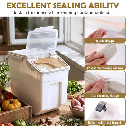 Sunnyray 4 Pcs 55 Lbs Beige Rice Flour Storage Bins with Wheels - color: Beige, size: 55 lbs