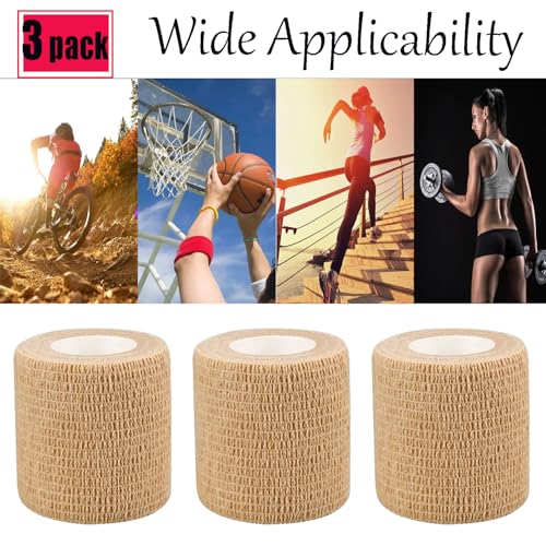 3 Pack 2 Inches Self Adhesive Bandage Wrap Vet Wrap for Pets, Stretch Self Adherent Tape Cohesive Wrap for Athletic, Sports, Wrist and Ankle(Skin)