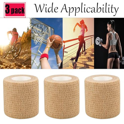 3 Pack 2 Inches Self Adhesive Bandage Wrap Vet Wrap for Pets, Stretch Self Adherent Tape Cohesive Wrap for Athletic, Sports, Wrist and Ankle(Skin)