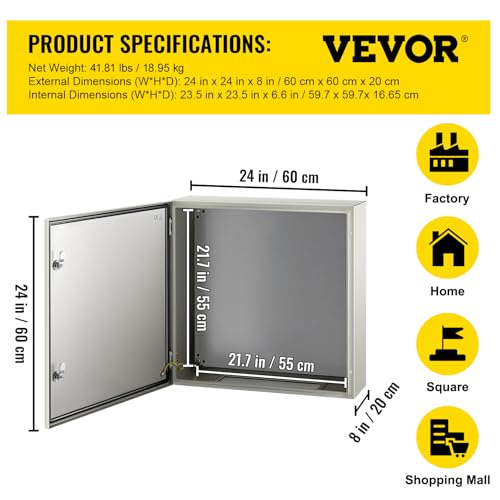 VEVOR NEMA Steel Enclosure, 24 x 24 x 8'' NEMA 4X Steel Electrical Box, IP66 Waterproof & Dustproof, Outdoor/Indoor Electrical Junction Box, with Mounting Plate - size: 24 x 24 x 8